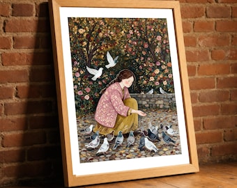 Feeding the Pigeons Print, Folk Art Woman and Birds Wall Art, Naive Autumn Garden Poster, Cosy Living Room Decor, Bird Lover Gift
