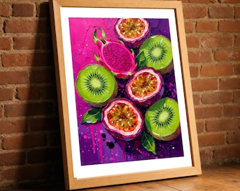 Kiwi Dragon Fruit Print, Painterly Passionfruit Textured Wall Art, Bold Tropical Kitchen Decor, Colorful Fruit Lover Gift