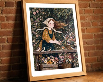 Flower Stall Print, Folk Art Woman and Birds Wall Art, Naive Market Garden Poster, Bright Kitchen Decor, Flower Lover Gift