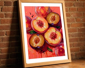 Peach Plum Print, Painterly Stone Fruit Textured Wall Art, Warm Coral Farmhouse Kitchen Decor, Colorful Fruit Lover Gift