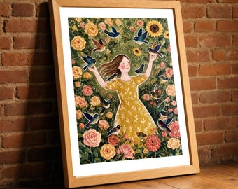 Summer Flock Print, Folk Art Woman and Birds in Bloom Wall Art, Naive Garden Poster, Joyful Living Room Decor, Bird Lover Gift