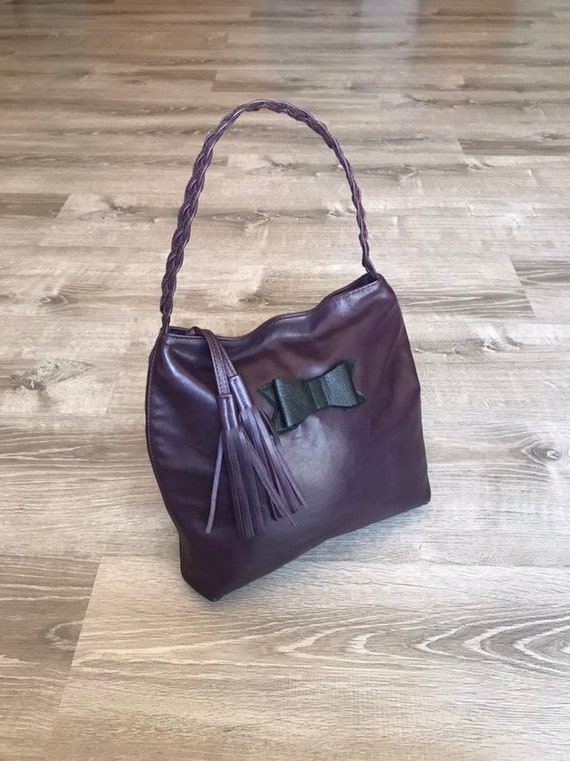 purple leather tote bag
