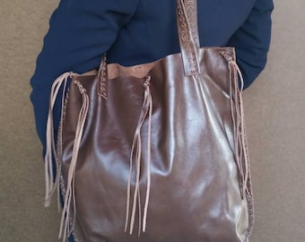 Brown Leather Bag, Everyday Rustic Casual Boho Chic Unlined Shoulder Handbag, Handmade Bohemian Handbag, Karen