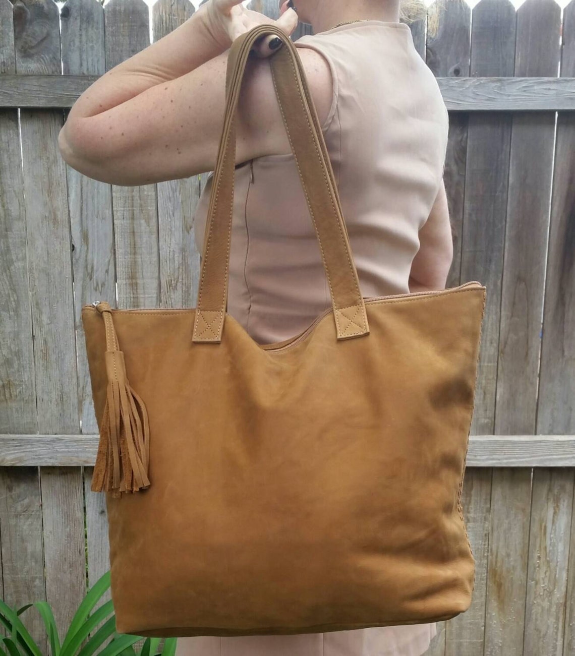 Camel Suede Leather Tote Bag w Tassel and Top Zipper Large | Etsy