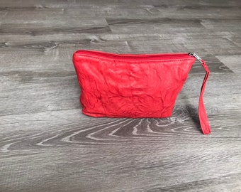 Red leather wristlet, retro bag, vintage distressed style, cosmetic bag, mini clutch bag, makeup antique purse, cosmos