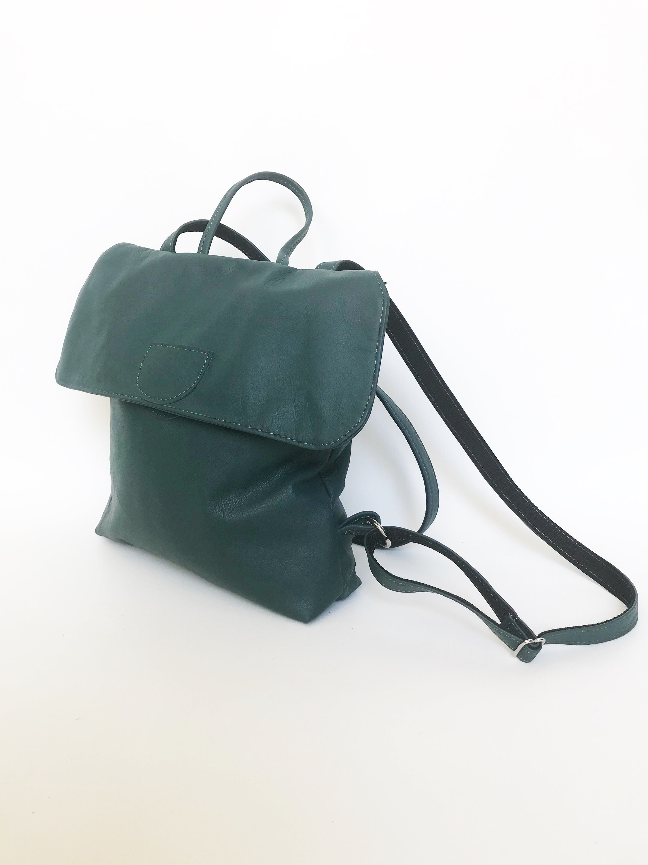 Small Green Leather Backpack Casual Classic Retro Handmade 