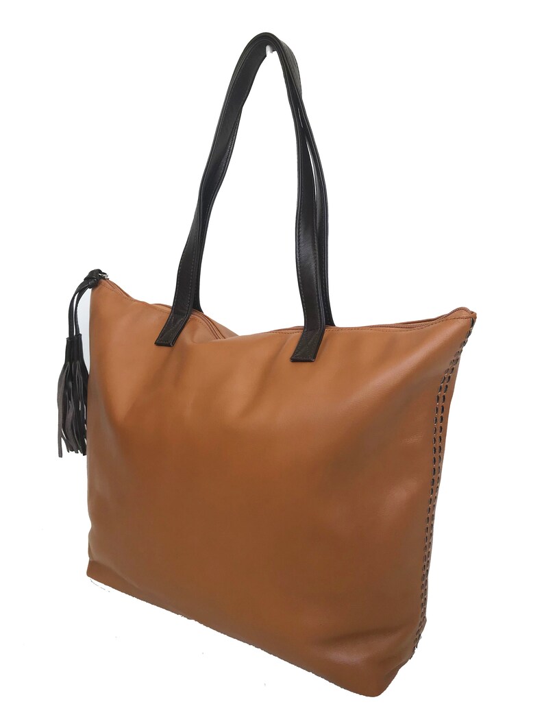 Large Leather Bag With Tassel Totes Everyday Tote Shoulder Etsy