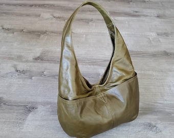 Green leather handbag in vintage distressed style, classic fashion hobo bags for women, everyday bags and purses, mom gifts, Alyna