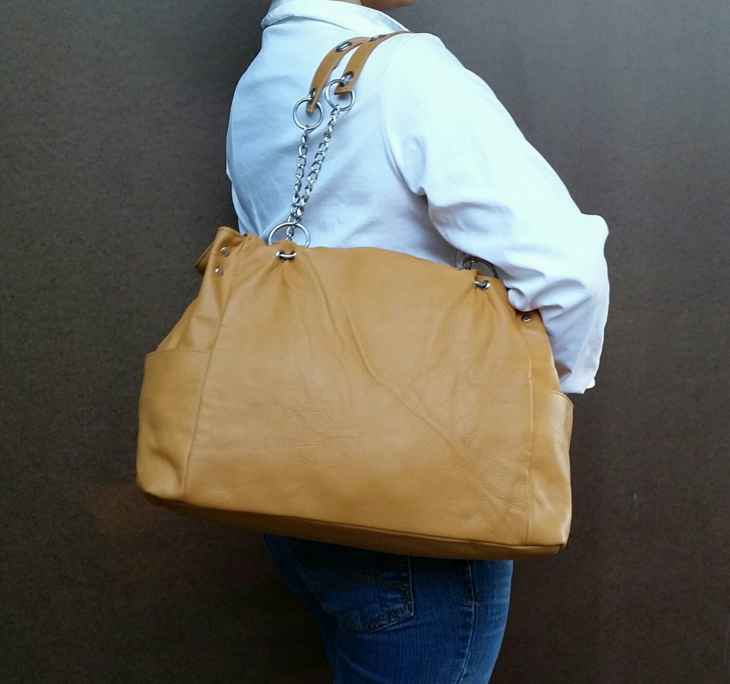 Large Leather Bag Everyday Shoulder Handbag with Chain | Etsy