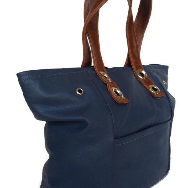 Leather tote purse blue brown shoulder bag everyday fashion retro cute handbag handmade handbags and purses kenia
