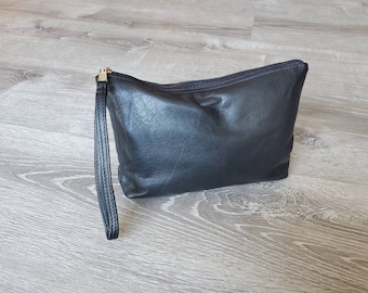 Black Leather Clutch Bag w/ Wrist Strap, Fashion Purse, Small Leather Bag, Leather Pouch, Leather Clutch, Handmade Handbags, Comet