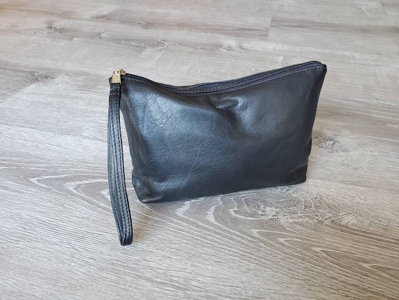 Black Leather Clutch Bag W/ Wrist Strap Fashion Purse Small 