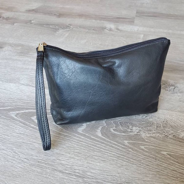 Black Leather Clutch Bag w/ Wrist Strap, Fashion Purse, Small Leather Bag, Leather Pouch, Leather Clutch, Handmade Handbags, Comet