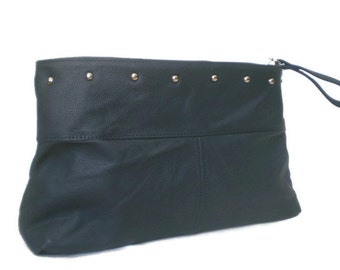 Blue Leather Clutch Bag with Silver hardware, Retro Style Handbag, Ivanka