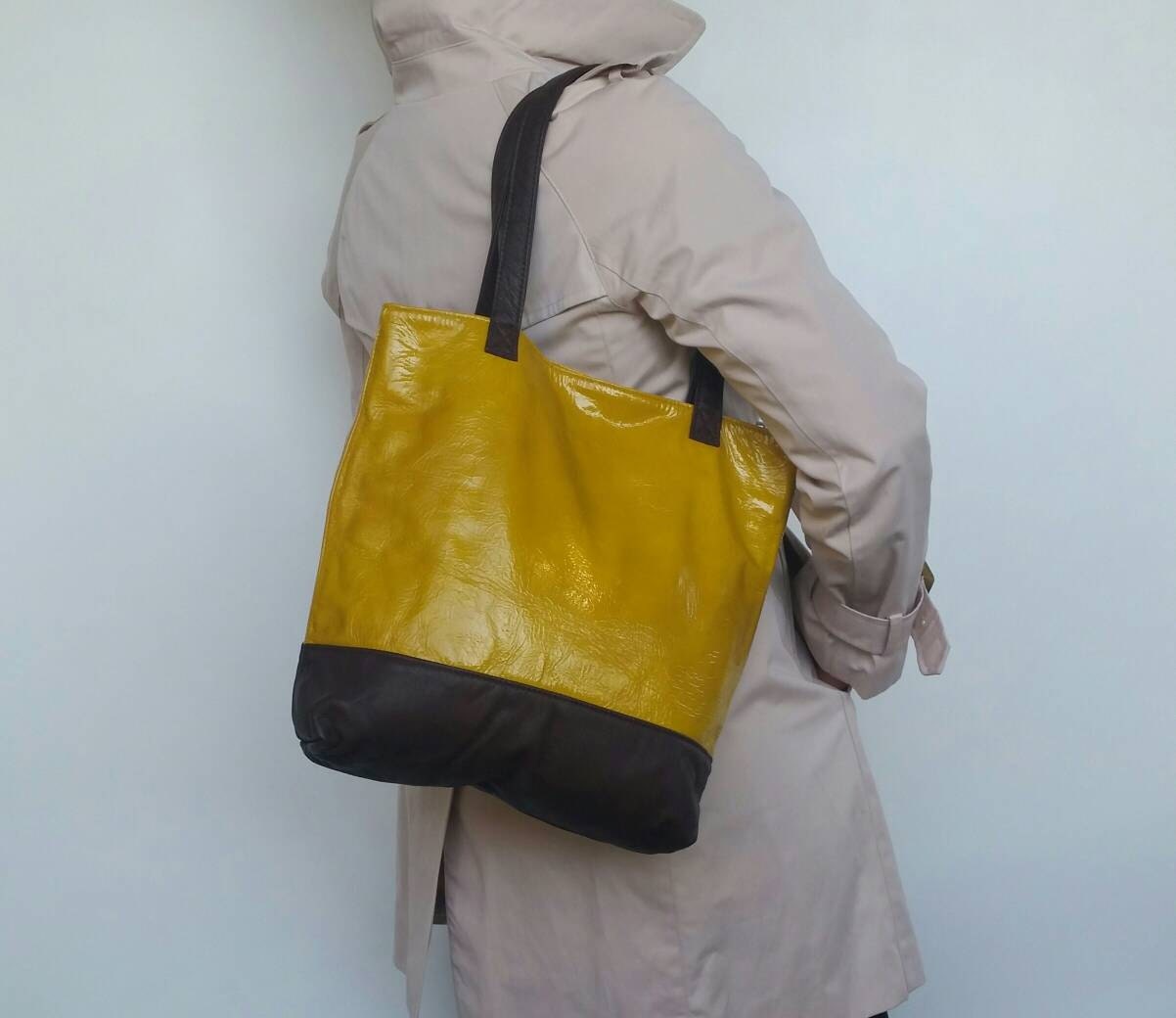 Leather Bag Woman Leather Handbag Tote Bag Colorful Yellow | Etsy