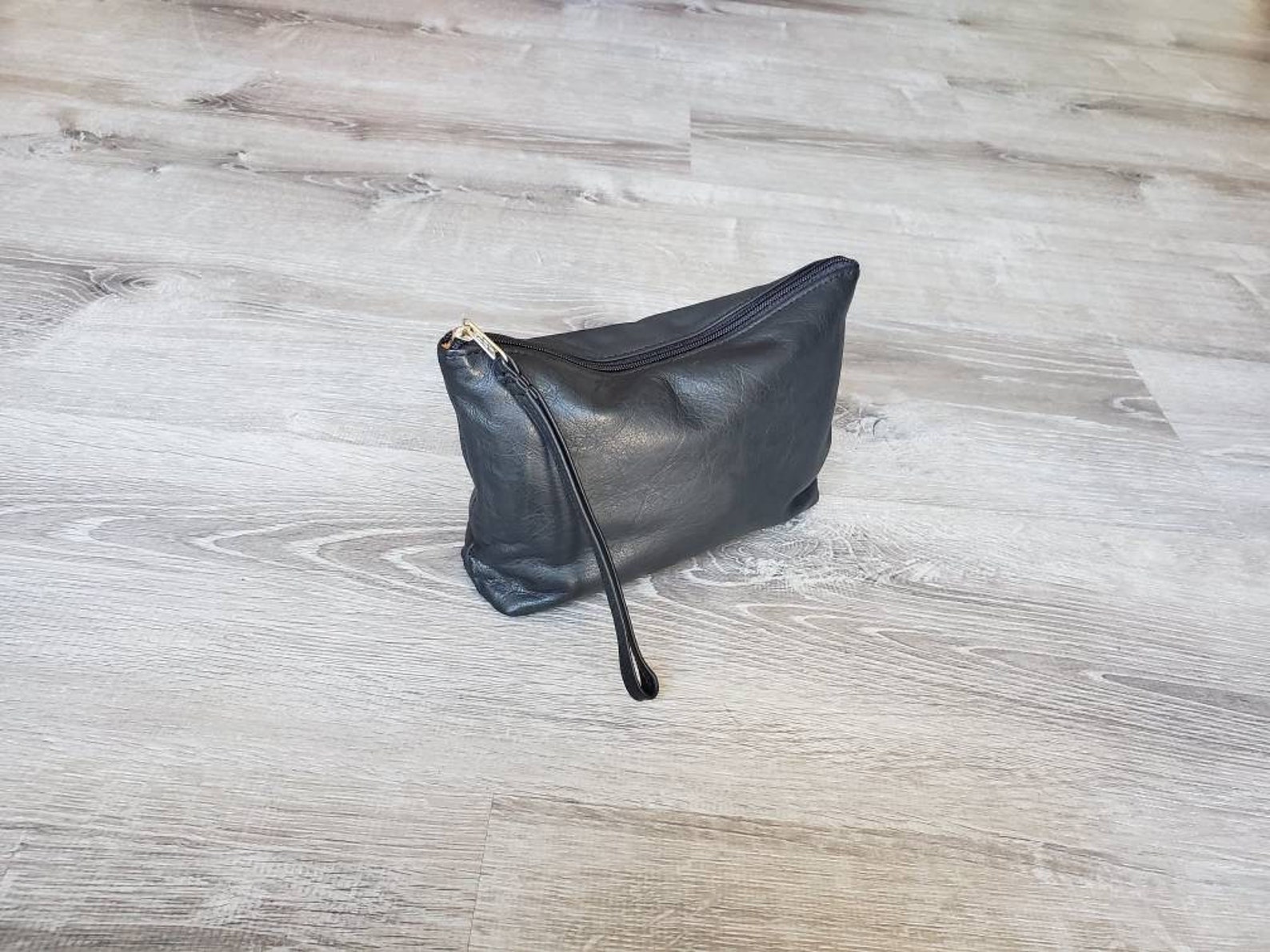 Black Leather Clutch Bag W/ Wrist Strap Fashion Purse Small | Etsy