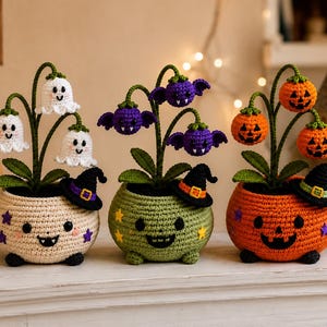 Halloween Crochet Planter Pattern Set, Ghost, Bat, Pumpkin Amigurumi Decor (PDF)