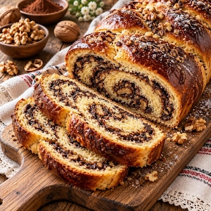Puede incluir: Una hogaza de pan dulce trenzado de color marrón dorado, rellena con un remolino de chocolate negro y nueces, cortada en rebanadas gruesas. La parte superior está glaseada y espolvoreada con nueces picadas y azúcar glass.