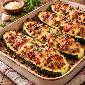 May include: Three halved courgette boats arranged in a rectangular baking dish, filled with a mixture of minced meat, tomato sauce, and melted cheese, topped with fresh green herbs and baked until golden brown with crispy edges.