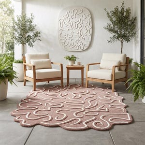 Abstract Area Rug, Wavy Organic Shape Carpet, Brown and Cream Wool, Modern Retro Texture, Living Room Floor Decor Luxury Tufted Rug Size 5X7