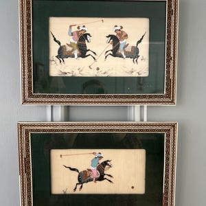 Pair Vintage Persian Polo Miniatures, Khatam Inlay Frames, Hand Painted Equestrian Wall Art