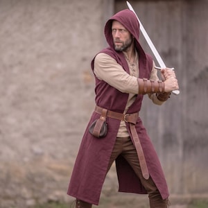 Medieval Hooded Surcoat, Knight Open Front Tunic, Renaissance Cape Cloak, Fantasy Ranger Linen Vest Hood, Renfaire LARP Mens Cosplay