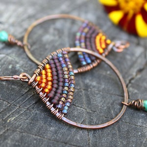 Woven Copper Seed Bead Teardrop Earrings, Oxidized Copper, Wire Jewelry, Boho Jewelry, Purple Earrings, Boho Earrings, Colorful Earrings