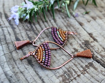 Woven Copper Seed Bead Earrings: Oxidized Boho Dangle Earrings