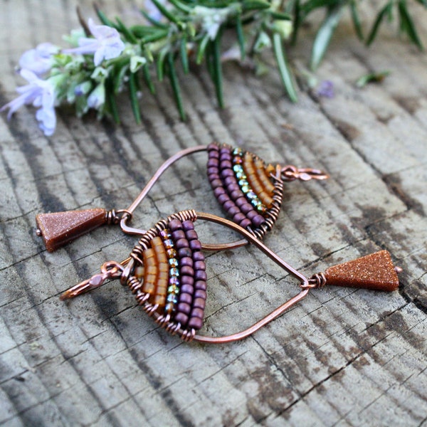 Woven Copper Seed Bead Earrings, Oxidized Copper, Small Earrings, Lightweight Earrings,  Boho Earrings, Colorful Earrings, Dangle Earrings