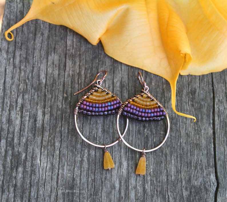 Purple Sunset Boho Earrings Woven Copper Teardrop Seed Bead Earrings Boho Jewelry Oxidized Copper Wire Jewelry Colorful Earrings