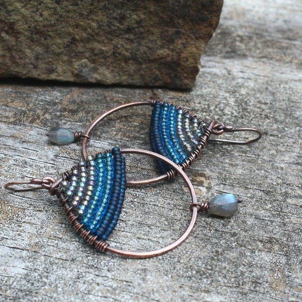 Woven Copper Earrings, Seed Bead Earrings, Teardrop Earrings, Oxidized Copper, Wire Jewelry, Boho Jewelry, Blue Earrings, Boho Earrings