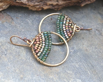 Bronze Seed Bead Small Drop Earrings, Hammered Bronze, Oxidized Bronze, Lightweight Earrings, Wire Wrapped Earrings, Boho Jewelry