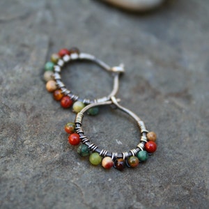 1/2 inch Sterling Silver Stone hoops, Desert Calico, Oxidized Silver, Very Small Hoops, Wire Wrapped, Everyday Earring, Earth Tone, Boho