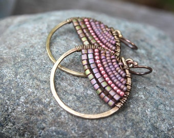 Bronze Woven Seed Bead Earrings: Pink Boho Jewelry