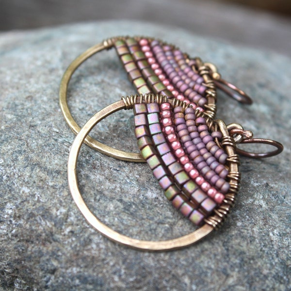 Bronze Woven Seed Bead Drop Earrings, Pink Earrings, Hammered Oxidized Bronze, Lightweight Earrings, Wire Wrapped Jewelry, Boho Jewelry