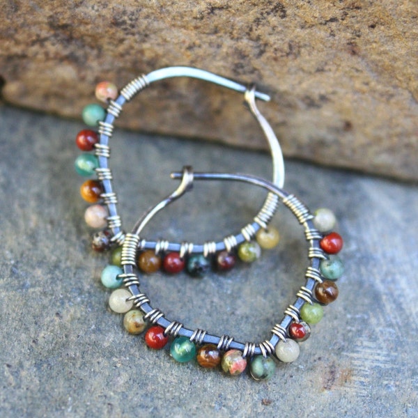 Sterling Silver Hoops, 3/4 inch hoops, Desert Calico, Oxidized Silver, Small Hoops, Petal Hoops, Stone Hoops, Earth Tones, Boho Jewelry