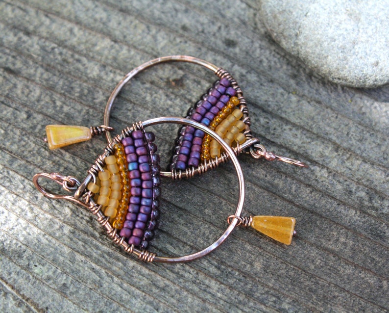 Purple Sunset Boho Earrings Woven Copper Teardrop Seed Bead Earrings Boho Jewelry Oxidized Copper Wire Jewelry Colorful Earrings