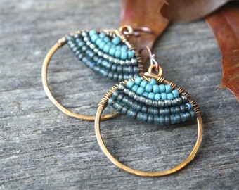 Bronze Woven Seed Bead Drop Earrings, Hammered Oxidized Bronze, Lightweight Earrings, Wire Wrapped Jewelry, Boho Jewelry, Earthy colors