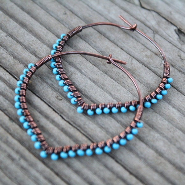 Petal Hoop Earrings, Oxidized Copper, Turquoise, Seed Bead Earrings, Wire Wrapped Hoops, Wire Jewelry, Lightweight Earrings, Copper Earrings