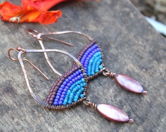 Inverted Petal Woven Seed Bead Earrings, Oxidized Copper, Lightweight Earrings, Boho Earrings, Colorful earrings, Hippy Gift, Hammered Wire