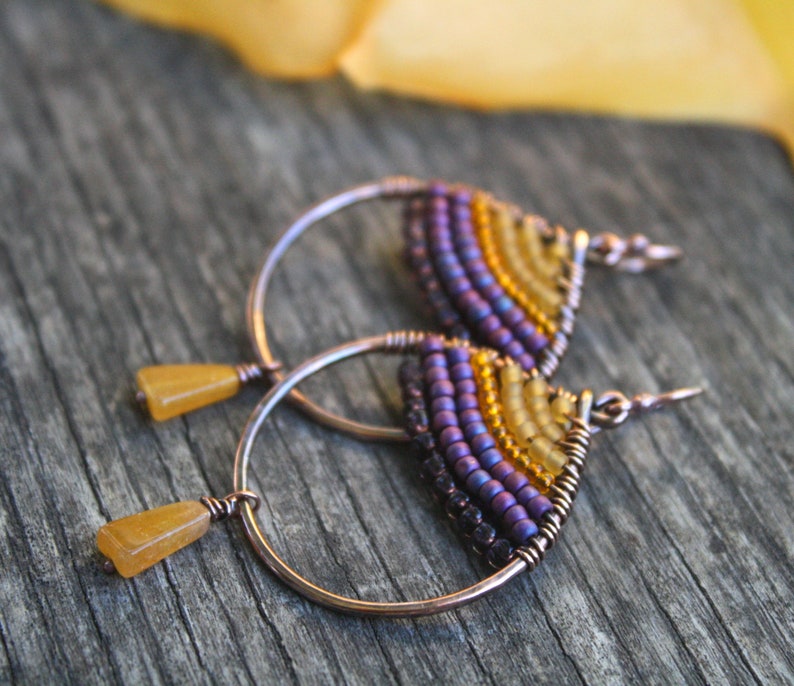 Purple Sunset Boho Earrings Woven Copper Teardrop Seed Bead Earrings Boho Jewelry Oxidized Copper Wire Jewelry Colorful Earrings