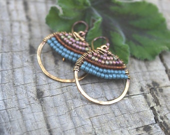 Oxidized Bronze Seed Bead Drop Earrings, Hammered Bronze, Lightweight Earrings, Wire Wrapped Earrings, Boho Earrings, Hippy Gift, Earthy