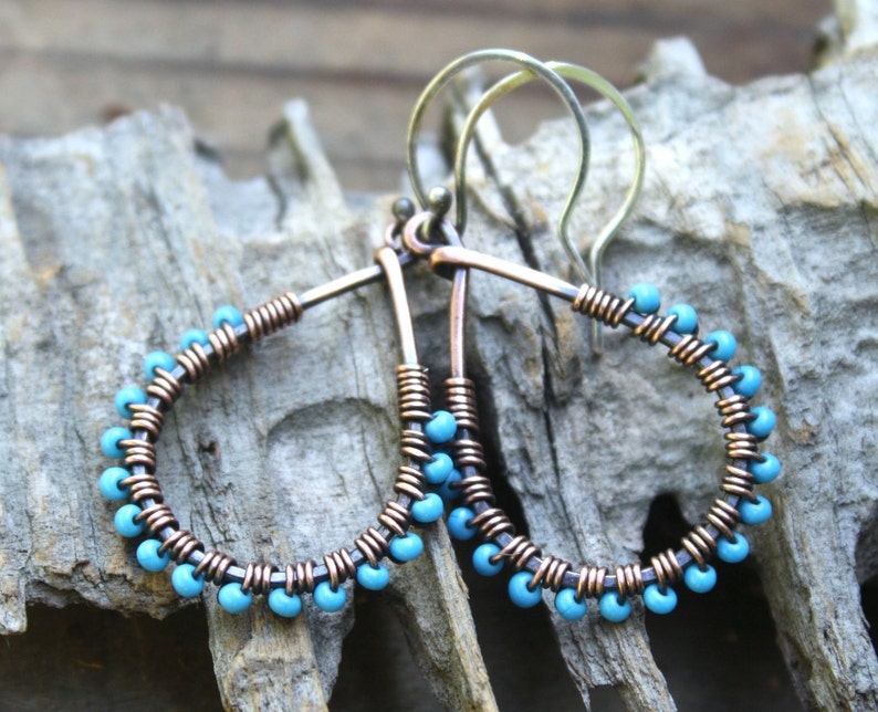 Copper Teardrop Earrings Turquoise Oxidized Copper Seed | Etsy