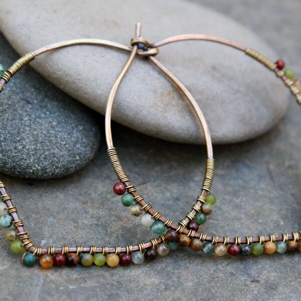 Oxidized Bronze Hoops, Desert Calico,  2 inch hoops, Bronze Hoops, Petal Hoops, Wire Wrapped Hoops, Stone Hoops, Earth Tones, Boho Jewelry
