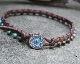 African Turquoise Anklet, Macrame Anklet, Beaded Macrame, Waxed Cotton Anklet, Gifts for her, Boho Anklet, Stone Anklet, Button Clasp