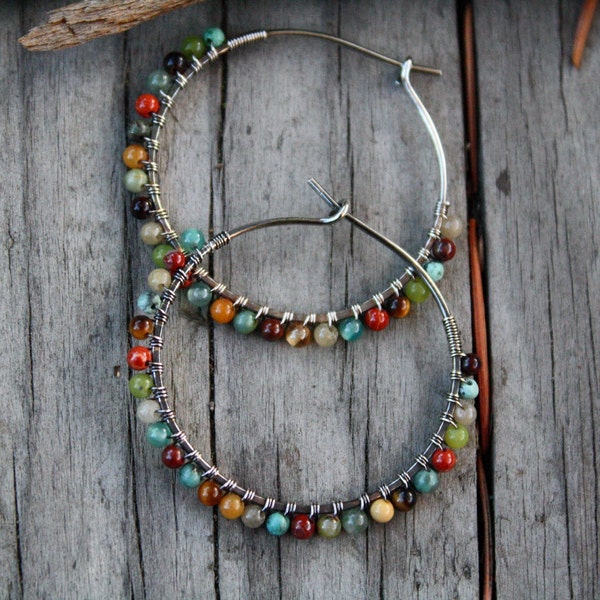 Sterling Silver Hoops, 1.25 inch hoops, Desert Calico, Oxidized Silver, Wire Wrapped Hoops, Stone Hoops, Earth Tones, Boho Jewelry