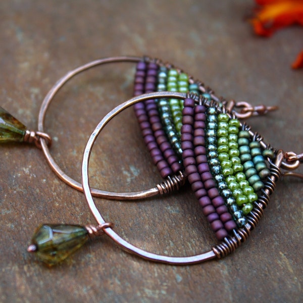Woven Copper Seed Bead Earrings, Teardrop Earrings, Oxidized Copper, Wire Jewelry, Boho Earrings, Hippy Chic, Colorful,