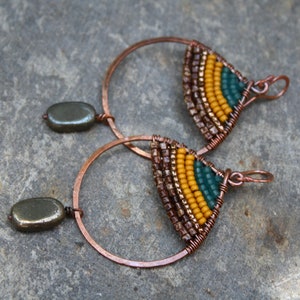 Woven Copper Seed Bead Earrings, Mustard, Teardrop Earrings, Oxidized Copper, Wire Jewelry, Boho Earrings, Hippy Chic, Colorful, Pyrite