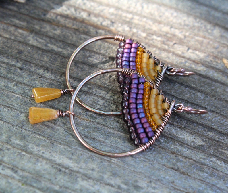 Purple Sunset Boho Earrings Woven Copper Teardrop Seed Bead Earrings Boho Jewelry Oxidized Copper Wire Jewelry Colorful Earrings