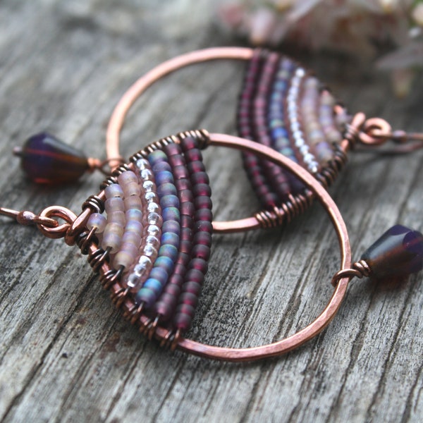 Copper Woven Seed Bead Earrings, Lightweight Earrings, Wire Wrapped Earring, Boho Jewelry, Earthy colors, Colorful Earrings, Oxidized Copper